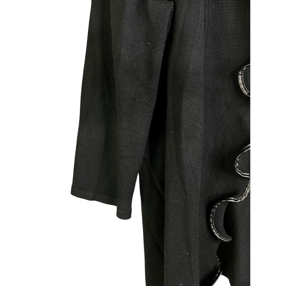 Neiman Marcus Cardigan Sweater Women L Black Open Ruffle Front Faux Leather Trim - Picture 5 of 8